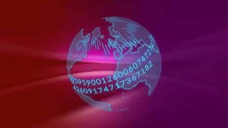 Animation-of-globe-with-network-processing-data-over-moving-red-and-pink-light
