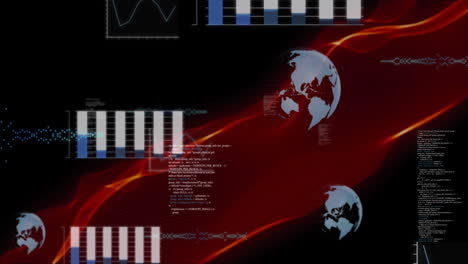 Animation-Einer-Roten-Netzwerkwelle-über-Globen-Und-Diagrammen,-Die-Daten-Auf-Schwarzem-Hintergrund-Verarbeiten