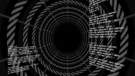 Animation-of-text-data-processing-over-tunnel-of-concentric-rings-on-black-background