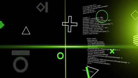 Animation-of-green-scanner-beams-and-rotating-shapes-over-data-processing-on-dark-background