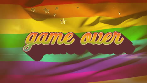 Animation-of-game-over-text-with-stars-over-rainbow-flag-on-black-background
