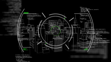 Animation-of-digital-data-processing-over-cityscape-on-black-background