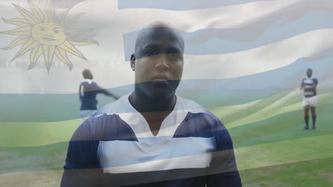 Animación-De-La-Bandera-De-Uruguay-Sobre-Diversos-Jugadores-De-Rugby-En-El-Campo.