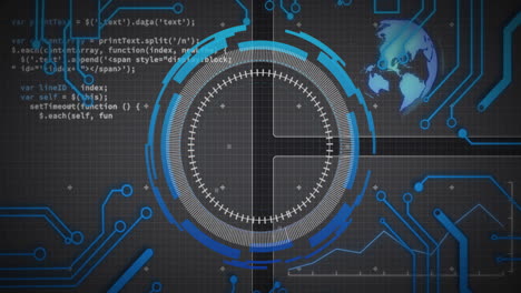 Animación-Del-Procesamiento-De-Datos-Sobre-La-Red-De-La-Placa-Base-Azul,-El-Escáner-Circular-Y-El-Globo-Terráqueo-En-Negro