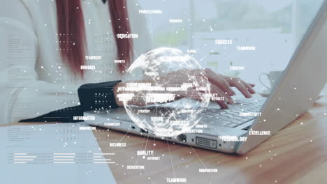 Animation-of-globe-with-network-of-connections-over-caucasian-businesswoman-using-laptop