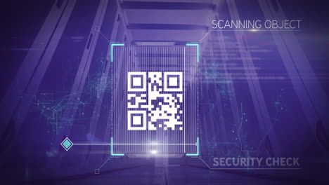 Animation-Der-Datenverarbeitung-Und-Des-QR-Code-Scannens-über-Dem-Serverraum