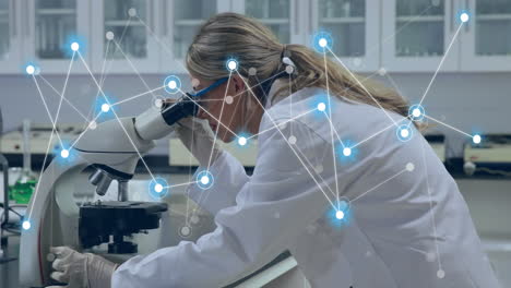 Animation-of-network-of-connections-over-caucasian-female-scientist-working-in-lab