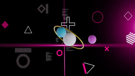 Animation-Rotierender-Kugeln-Und-Rosa-Scannerstrahlen-über-Der-Datenverarbeitung-Auf-Schwarzem-Hintergrund