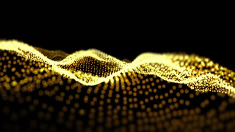 Animation-of-glowing-yellow-particle-network-waves-on-black-background