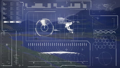 Animation-of-diagrams-and-data-processing-over-globe-and-landscape