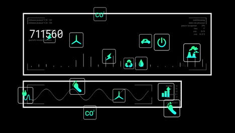 Animación-De-Iconos-Ecológicos-Y-Procesamiento-De-Datos-Sobre-Fondo-Negro