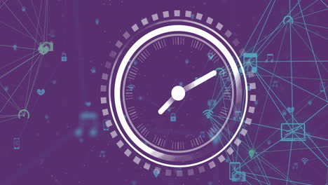Animation-of-clock-over-network-of-connections-with-icons-on-purple-background
