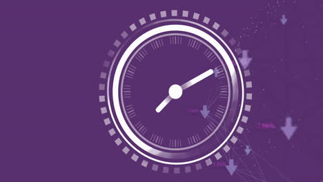 Animation-of-clock-over-network-of-connections-with-arrows-on-purple-background