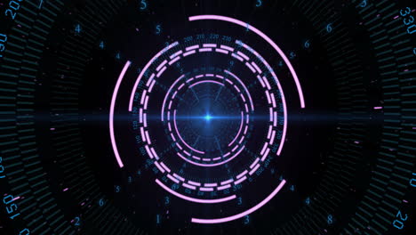 Animation-Eines-Rosa-Kreisförmigen-Scanners,-Blauem-Licht-Und-Verarbeitungsdaten-Auf-Schwarzem-Hintergrund