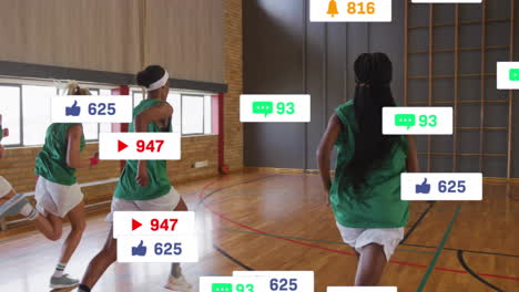 Animation-of-icons-and-data-processing-over-diverse-female-basketball-players