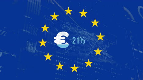 Animation-Der-Verarbeitung-Finanzieller-Daten-über-Dem-Eurozeichen-Und-Der-Flagge-Der-Europäischen-Union