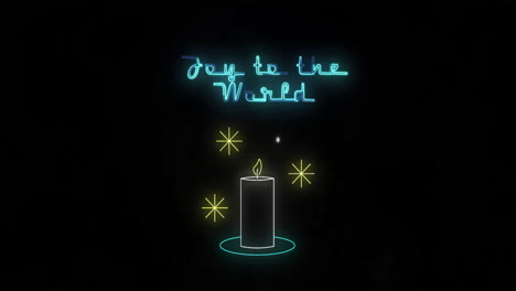 Animation-of-neon-joy-to-the-world-text-and-candle-on-black-background