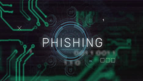 Animation-Von-Phishing-Text-Und-Digitaler-Datenverarbeitung-Auf-Schwarzem-Hintergrund