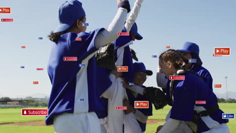 Animation-of-icons-and-data-processing-over-diverse-female-baseball-players