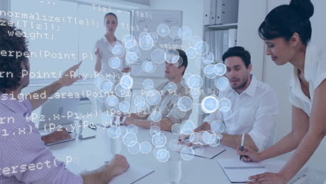 Animation-of-data-processing-and-icons-over-diverse-business-people-discussing-work-in-office