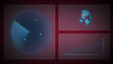 Animation-Von-Diagrammen,-Scanner-Und-Globus-Auf-Rotem-Hintergrund