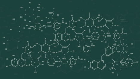 Animation-of-chemical-formula-and-data-processing-on-green-background