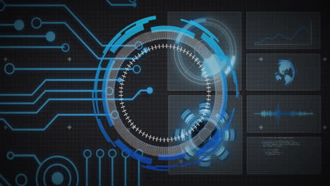 Animation-of-motherboard-network-and-circular-scanner-processing,-over-charts-and-globe-on-black