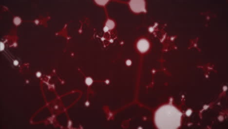 Animation-of-white-light-spots-and-connections-moving-on-dark-red-background
