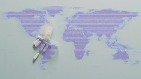 Animation-of-tablets-and-processing-data-over-purple-world-map-on-grey-background