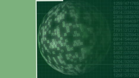 Animation-of-globe-and-data-processing-on-green-background