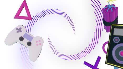 Animation-of-game-controllers,-equipment-and-icons-over-purple-spiral-lines-processing