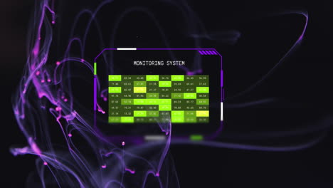 Animation-Des-Schnittstellenüberwachungssystems-über-Einem-Violetten-Netzwerk,-Das-Auf-Schwarzem-Hintergrund-Schwebt