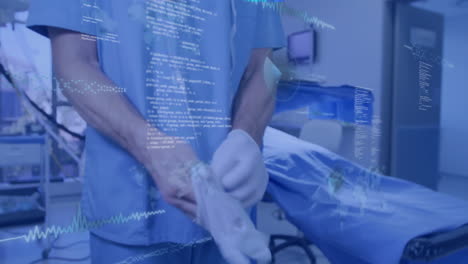 Animation-of-data-processing-and-diagrams-over-caucasian-surgeon-wearing-medical-gloves