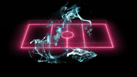 Animation-of-white-particle-wave-over-pink-neon-basketball-court-on-black-background