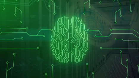Animation-of-digital-brain,-circuit-board-and-data-processing-over-computer-servers
