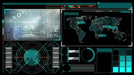 Animation-Von-Globus,-Stadtbild,-Weltkarte-Und-Datenverarbeitung-Auf-Schwarzem-Hintergrund