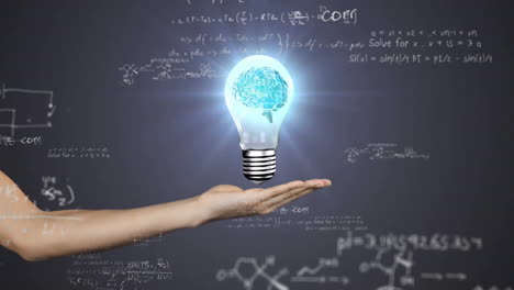 Animation-of-mathematical-data-processing-over-lightbulb-with-human-brain-and-caucasian-woman''s-hand