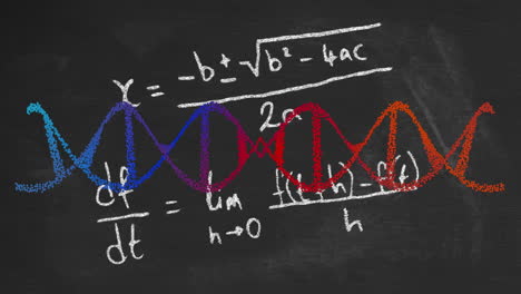 Animación-De-Cadena-De-ADN,-Fórmulas-Matemáticas-Y-Procesamiento-De-Datos-Sobre-Fondo-Oscuro