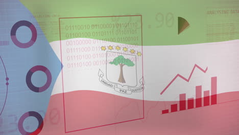 Animation-of-flag-of-equatorial-guinea-over-globe,-charts-and-processing-data