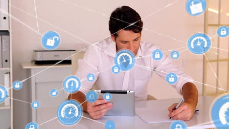 Animation-of-network-of-data-icons-over-caucasian-casual-businessman-using-tablet-and-smartphone