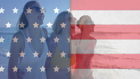 Animation-Der-Flagge-Der-USA-über-Glücklichen,-Unterschiedlichen-Freundinnen-Am-Strand-Im-Sommer