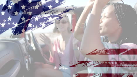 Animation-of-flag-of-usa-over-happy-diverse-women-in-car-by-beach-in-summer