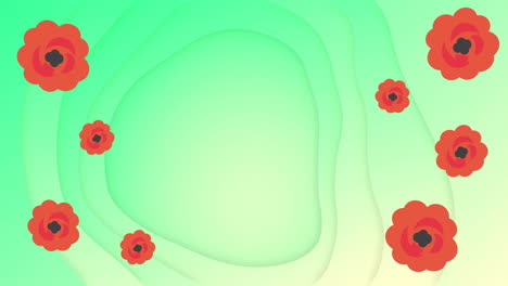 Animation-of-moving-red-flowers-over-green-shapes