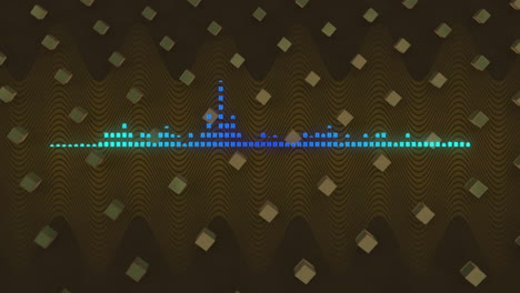 Animation-of-glowing-blue-pixel-audio-level-meter-over-rotating-cubes-on-dark-background