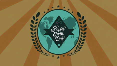 Animation-of-happy-earth-day-text-on-blue-globe-with-leaves-over-radial-brown-stripes