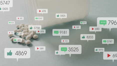 Animation-Von-Social-Media-Benachrichtigungen-über-Tabletten,-Die-Aus-Einer-Tablettenflasche-Herausfallen