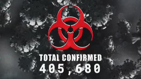 Animation-of-biohazard-symbol-with-total-confirmed-number-over-virus-cells-on-black-background