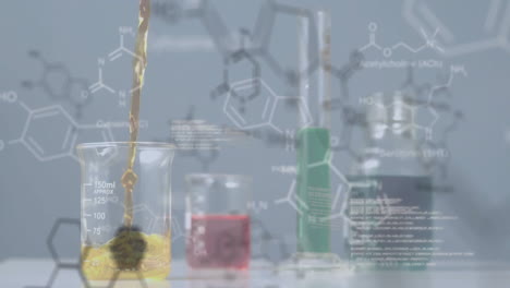 Animation-of-elements-and-data-processing-over-chemical-pouring-into-beaker-at-laboratory