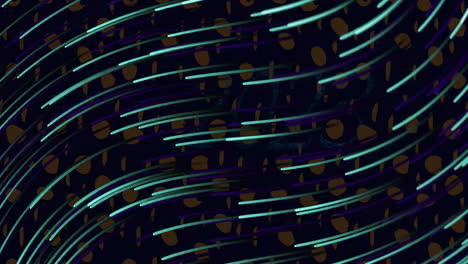 Animation-of-glowing-light-spots-and-trails-moving-over-black-background