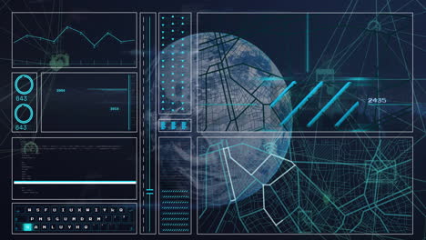 Animation-Der-Datenverarbeitung-Und-Diagramme-über-Mediensymbolen-Und-Globus